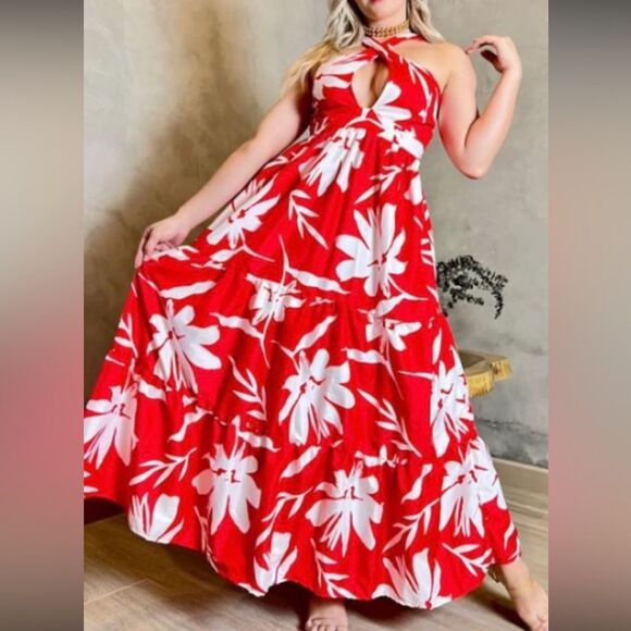 The MIA Maxi Dress tie back halter Neck Tropical print Red/white Sz Small - Picture 1 of 8